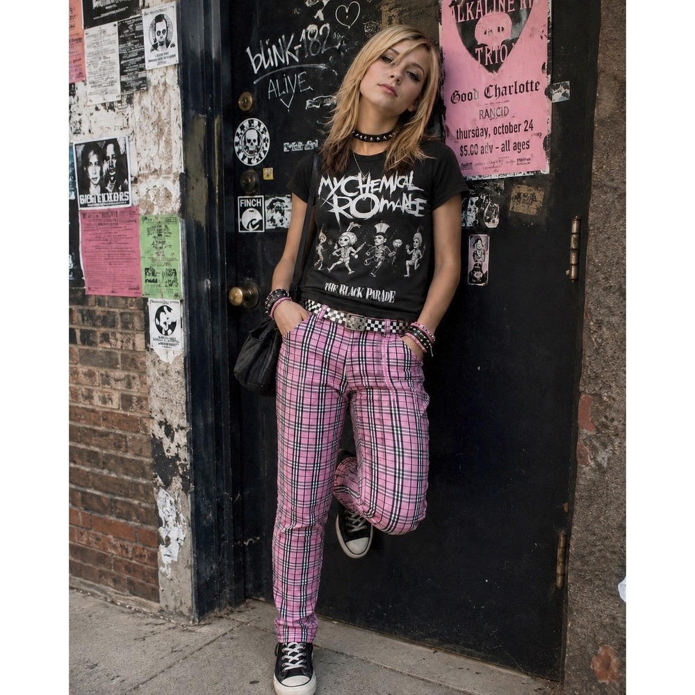 Tiger Mist Hi Waist Pink Plaid Trousers S Cotton Zip Pockets Pop Punk Indie Y2K